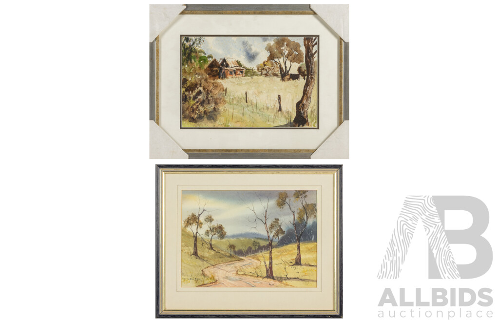 Molly Lewis (20th Century, Active c1980s), Long & Winding Road & Unsigned (20th Century), Bush Cottage, Pair of Original Watercolours, 38 x 49 cm (largest frame) (2)