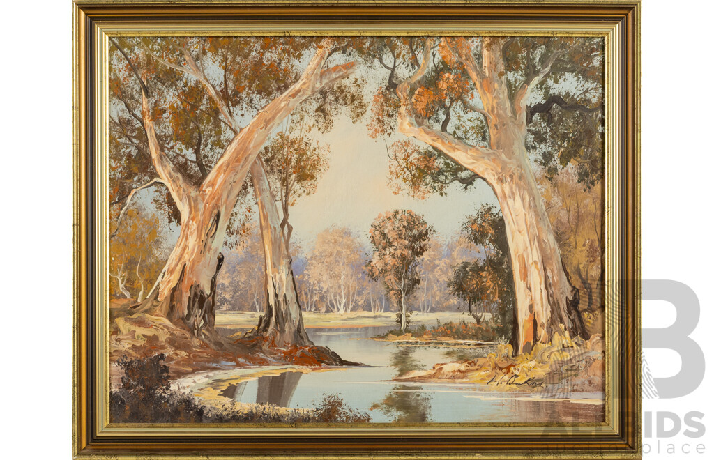 Signed Indistinctly, (20th Century, Australian), River Gums at Dusk, Wonderful Vintage Oil on Canvas Board, 54 x 67 cm (frame)