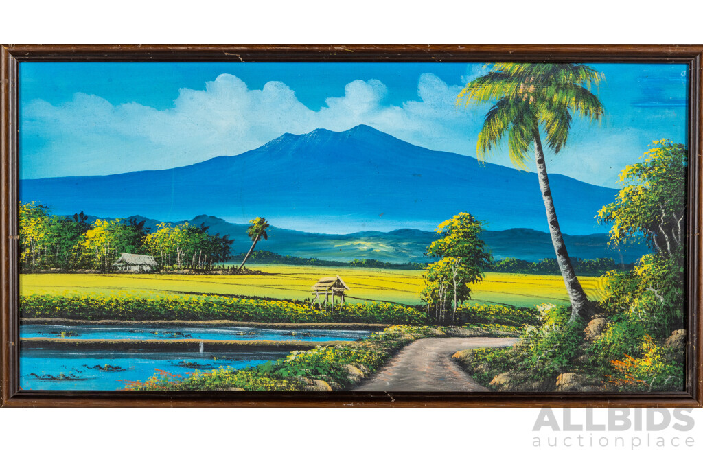Artist Unknown, (20th Century, Balinese School), Untitled Landscape - Balinese Golden Fields, Vintage Oil on Canvas Cloth Backed on Board, 44 x 83 cm (frame)