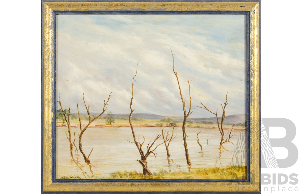 Wicky (20th Century), Reflections in the Billabong, Wonderful Vintage Oil Om Masonite, 41 x 46 cm (frame)