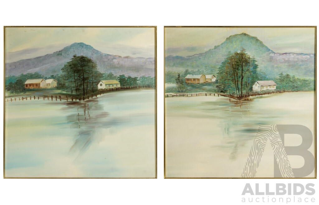 Artist Unknown (20th Century), Landscape Reflections I and II, Pair of Vintage Oil on Masonite Boards, 74 x 74 cm (frames) (2)