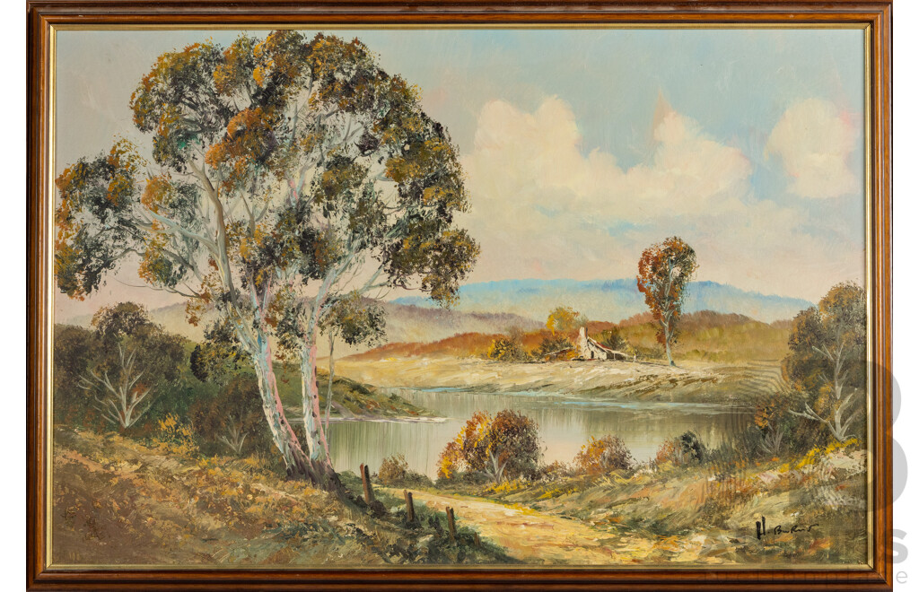 H. Burns (20th Century), Secluded Bush Cottage on a Quiet Autumn Day, Original Vintage Oil on Canvas Board, 67 x 97 cm (frame)