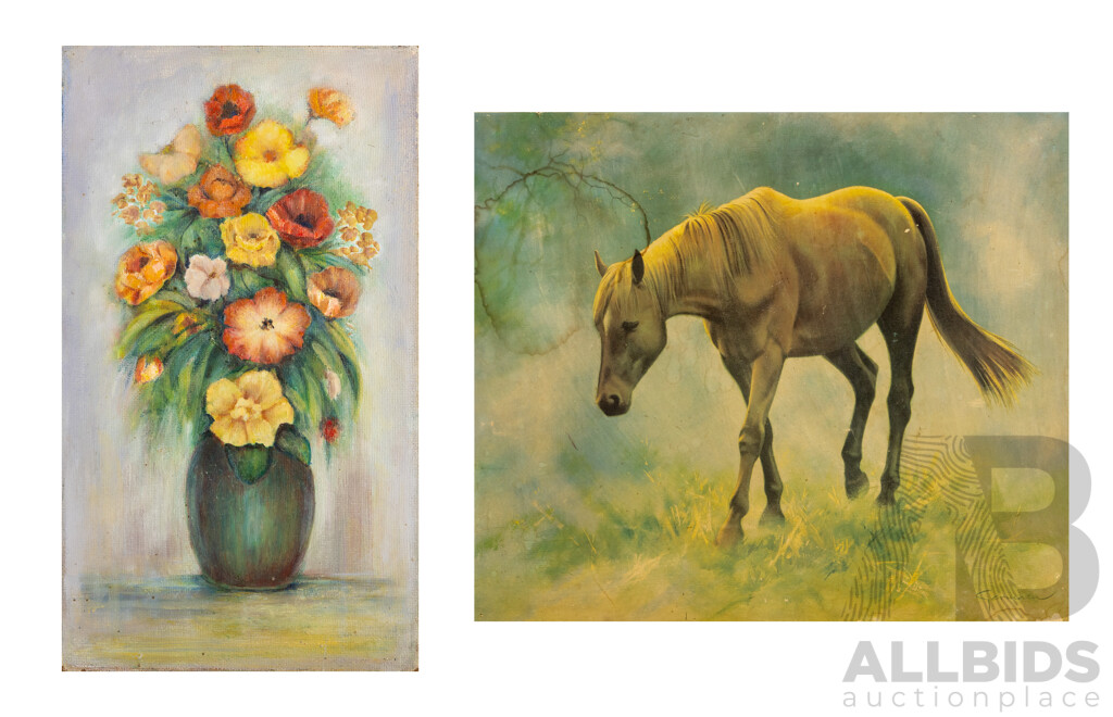 Germain (20th Century), Wild Horse, Vintage Colour Print Backed on Board, 51 x 59 cm & Artist Unknown (20th Century), Bouquet, Original Vintage Oil on Masonite, 61 x 35 cm (2)