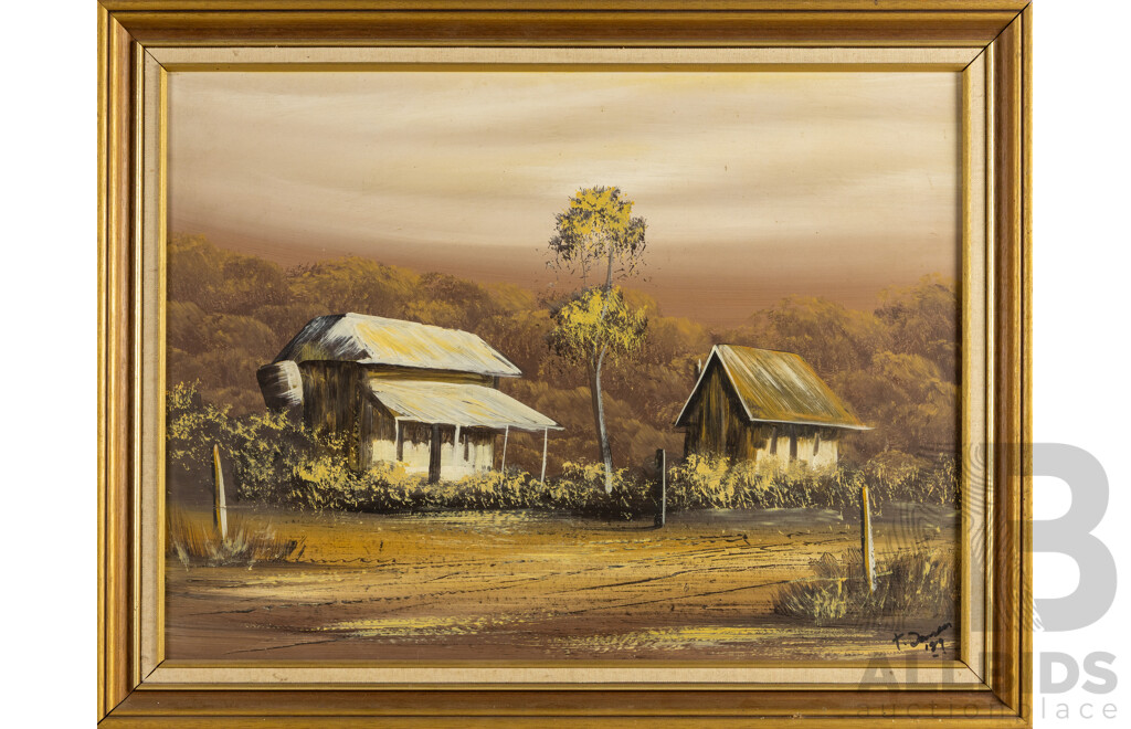 T. Jansen (20th Century), Bush Cottages (1989), Original Oil on Board, 55 x 70 cm (frame)