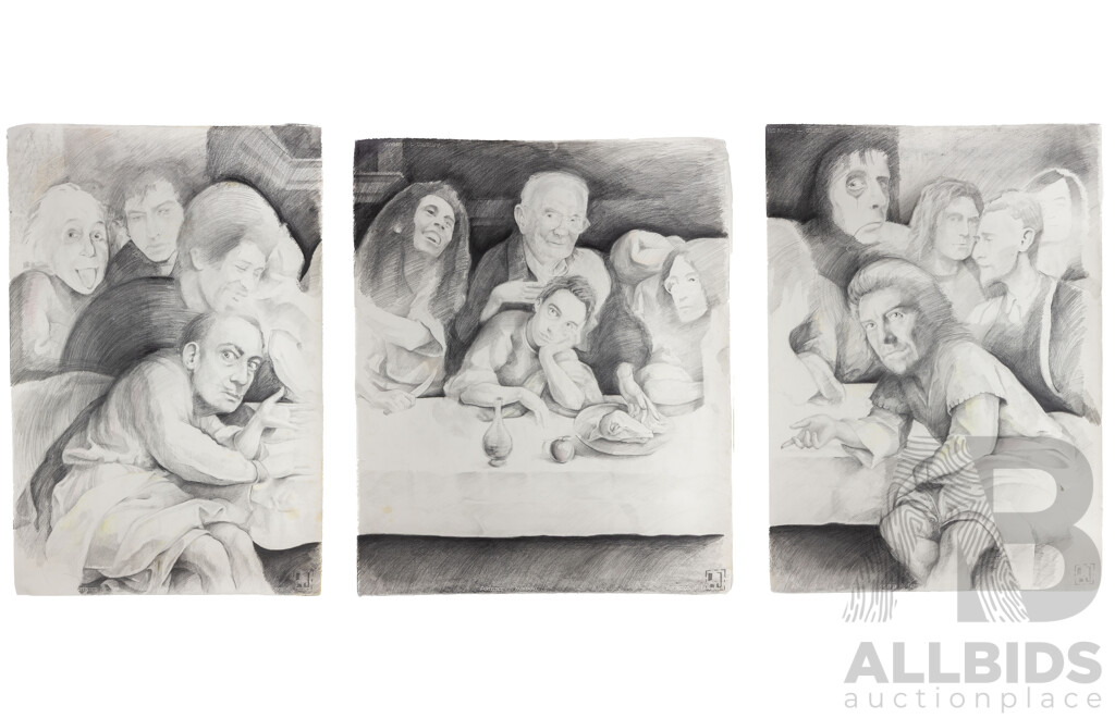 Artist Unknown, (20th Century, Australian), Celebration Day Parts 1,2 & 3, Original Lead & Coloured Pencils Sketch on Heavy Cardboard, 140 x 115 cm (sheet largest) (3)