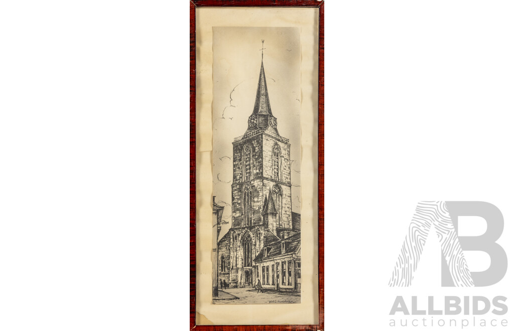 Artist Unknown/Signed Indistinctly, (20th Century), European Cathedral, Original Vintage Sketch, 43 x 18 cm (frame)
