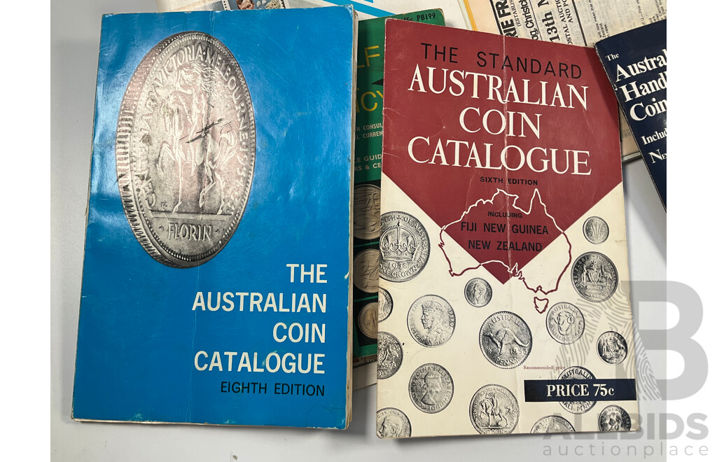 Collection of Note, Coin, Stamp Folders, Sleeves, Hinge-less, and Catalogues Including Teach Yourself Decimal Currency, Australian Handbook of Coin Collecting, 1977 Australian Coin Catalogue and More