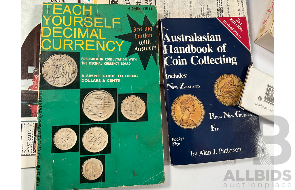 Collection of Note, Coin, Stamp Folders, Sleeves, Hinge-less, and Catalogues Including Teach Yourself Decimal Currency, Australian Handbook of Coin Collecting, 1977 Australian Coin Catalogue and More