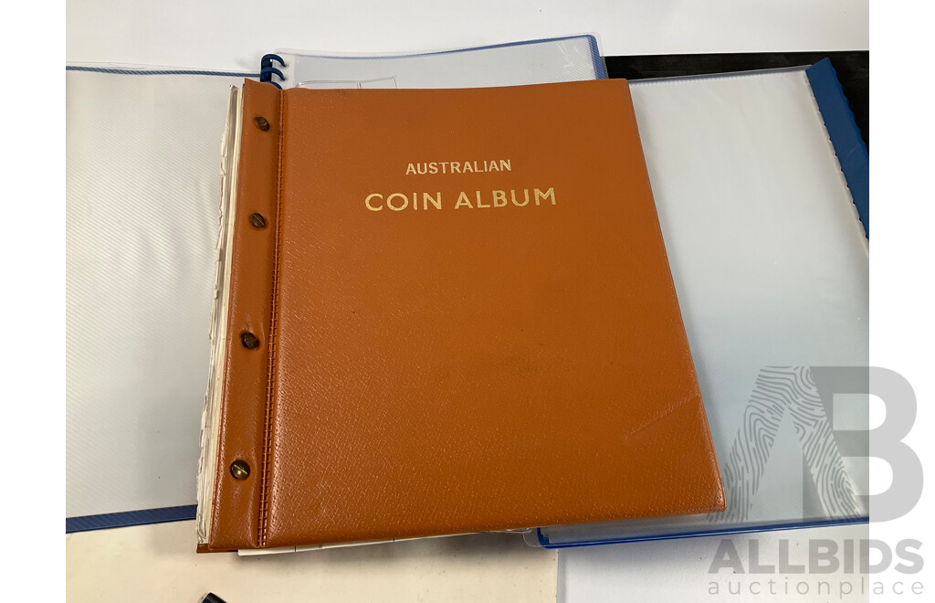 Collection of Note, Coin, Stamp Folders, Sleeves, Hinge-less, and Catalogues Including Teach Yourself Decimal Currency, Australian Handbook of Coin Collecting, 1977 Australian Coin Catalogue and More