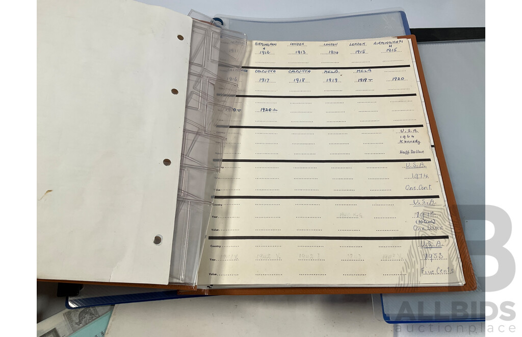 Collection of Note, Coin, Stamp Folders, Sleeves, Hinge-less, and Catalogues Including Teach Yourself Decimal Currency, Australian Handbook of Coin Collecting, 1977 Australian Coin Catalogue and More