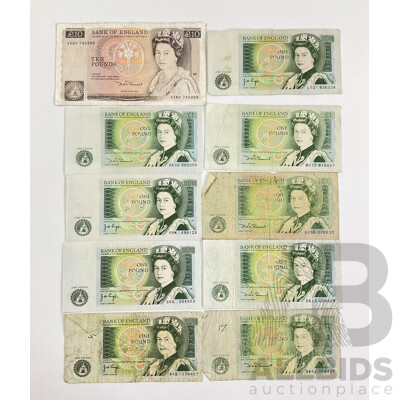 United Kingdom QE2 Banknotes Including Ten Pound and Nine One Pound