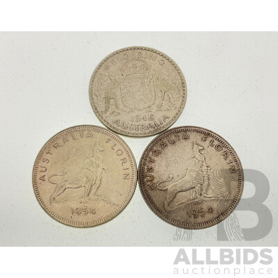Three Australian Silver Florins Including Two 1954 Commemorative and 1946  .500