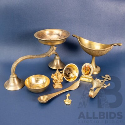 Brass Puja Set Including Ram Darbar & Ganesha Idols, Bell, Dhoop Stand & Accessories
