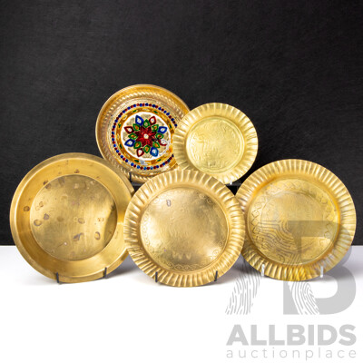 Set of Five Decorative Brass Thali Plates