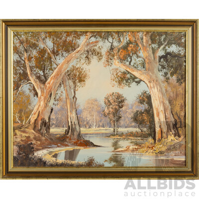 Signed Indistinctly, (20th Century, Australian), River Gums at Dusk, Wonderful Vintage Oil on Canvas Board, 54 x 67 cm (frame)