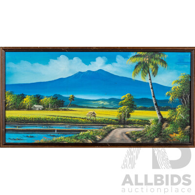 Artist Unknown, (20th Century, Balinese School), Untitled Landscape - Balinese Golden Fields, Vintage Oil on Canvas Cloth Backed on Board, 44 x 83 cm (frame)