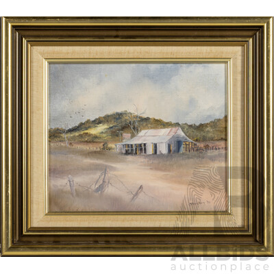 Sally Bardsley (20th Century, Australian), Secluded Bush Home (1986), Original Oil on Canvas Board, 39 x 44 cm (frame)
