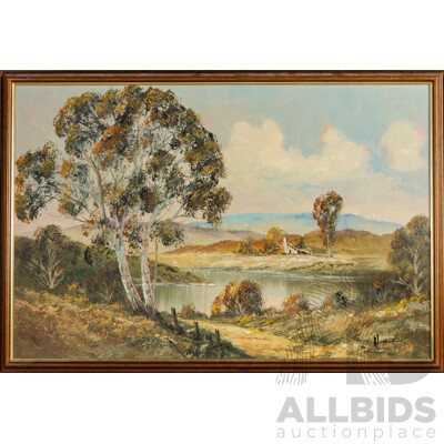 H. Burns (20th Century), Secluded Bush Cottage on a Quiet Autumn Day, Original Vintage Oil on Canvas Board, 67 x 97 cm (frame)
