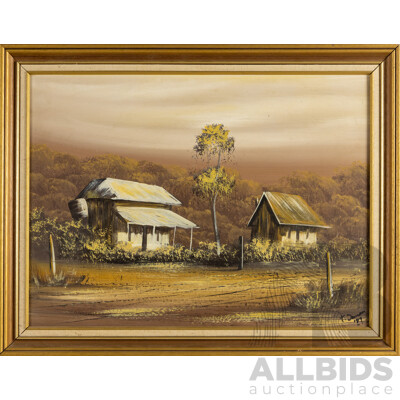 T. Jansen (20th Century), Bush Cottages (1989), Original Oil on Board, 55 x 70 cm (frame)