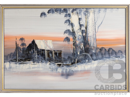 S. Hanly, (20th Century, Australian), Lone Shed at Dusk with Gums & Lone Shed at Dawn with Gums, Pair of Original Vintage Oil on Boards, 67H x 97W cm (larger frame) (2)
