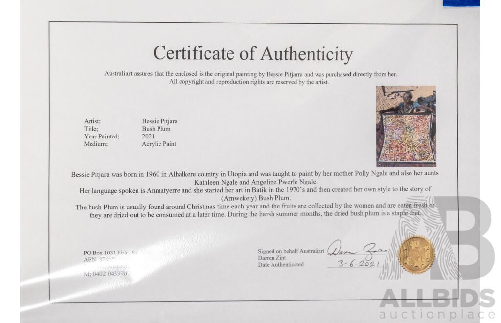 Bessie Pitjara (20th Century, Indigenous-Australian, 1960- ), Bush Plum (2021), Original Acrylic on Canvas, 93 x 94 cm