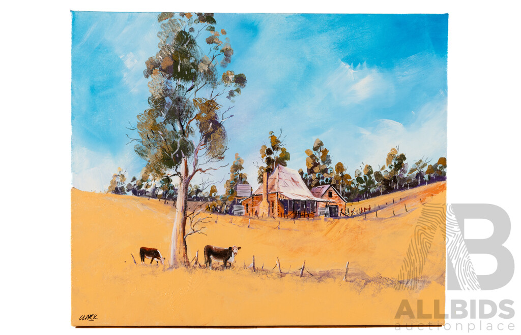 Peter Clark, (20th Century, Australian), Lone Cottage with Cows - Australian Outback, Original Acrylic on Canvas, 50 x 60 cm