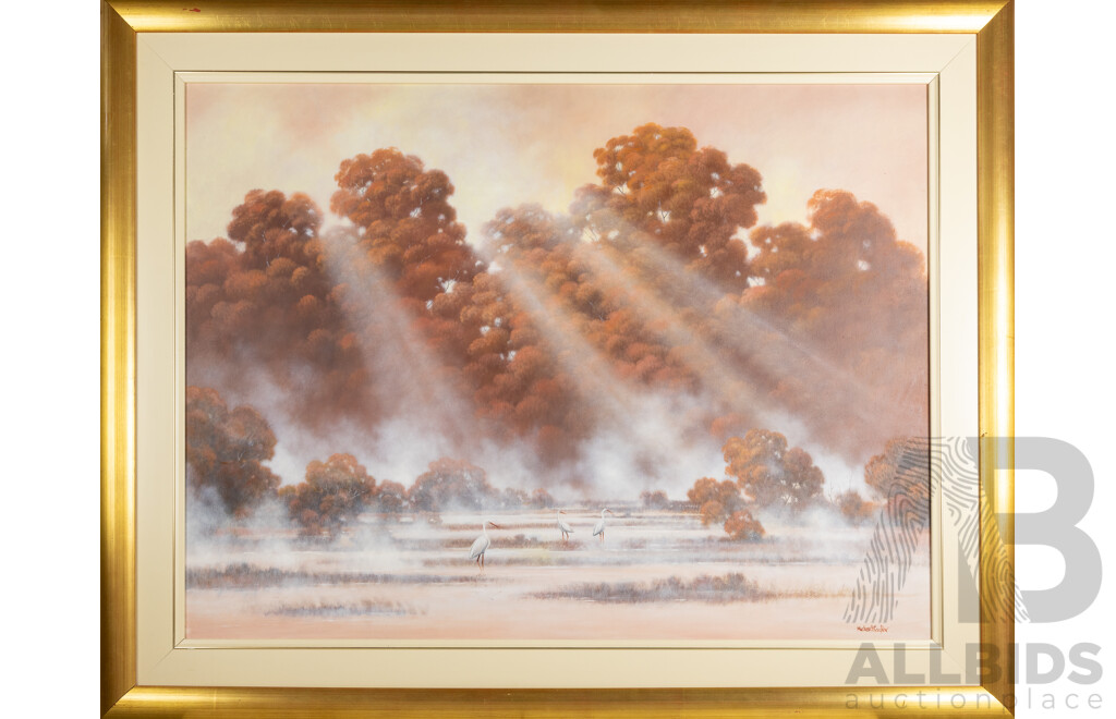 Michael Taylor, (20th Century, Australian, 1950-) Morning in Wetlands, Wonderful Original Oil on Board, 118 x 150 cm (frame)