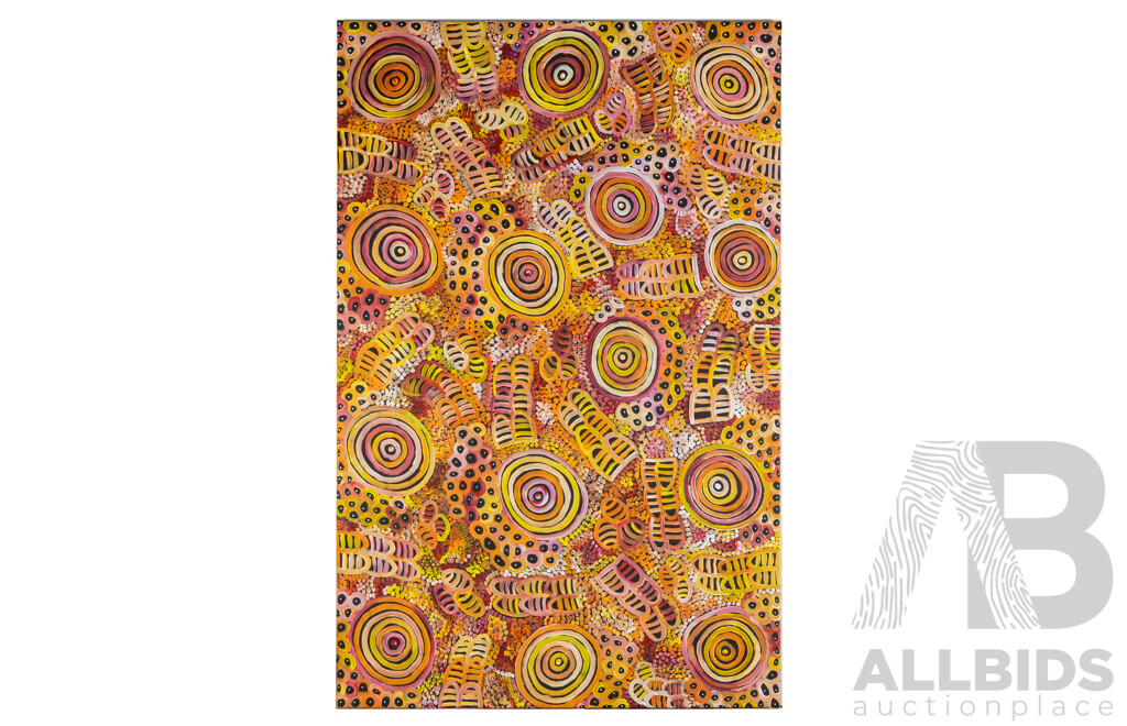 Dulcie Long (20th Century, Indigenous-Australian, 1979-), Bush Tucker (2023), Wonderful Original Acrylic on Canvas, 147 x 95 cm