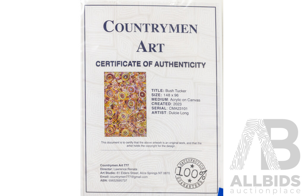 Dulcie Long (20th Century, Indigenous-Australian, 1979-), Bush Tucker (2023), Wonderful Original Acrylic on Canvas, 147 x 95 cm