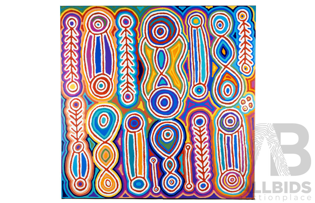 Judy Watson Napangardi, (20th Century, Indigenous-Australian, C1935-2016), Mina Mina (2014), Original Acrylic on Linen, 110 x 111 cm
