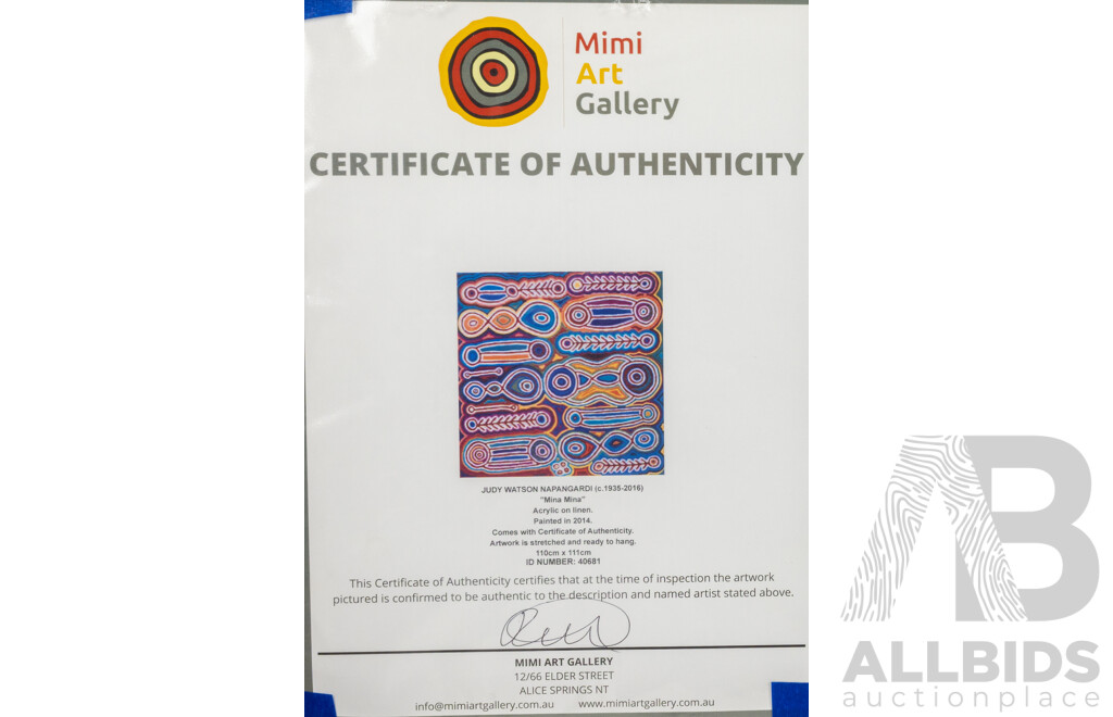 Judy Watson Napangardi, (20th Century, Indigenous-Australian, C1935-2016), Mina Mina (2014), Original Acrylic on Linen, 110 x 111 cm