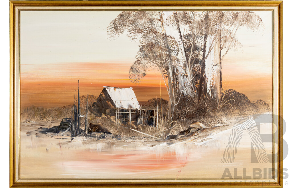 S. Hanly, (20th Century, Australian), Lone Shed at Dusk with Gums & Lone Shed at Dawn with Gums, Pair of Original Vintage Oil on Boards, 67H x 97W cm (larger frame) (2)