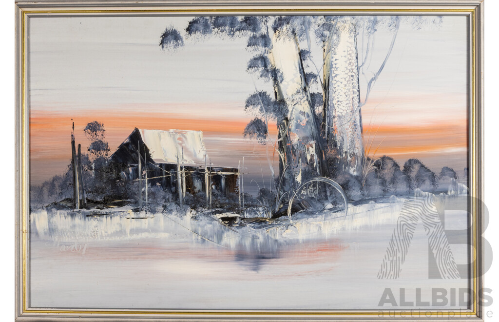 S. Hanly, (20th Century, Australian), Lone Shed at Dusk with Gums, Original Vintage Oil on Boards, 67H x 96W cm (frame)