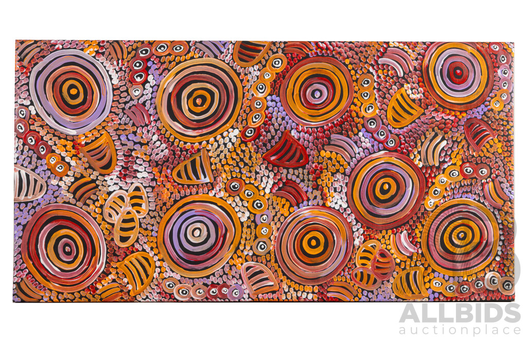 Dulcie Long (20th Century, Indigenous-Australian, 1979), Bush Melon Seeds (2022), Original Acrylic on Linen, 50H x 96W cm