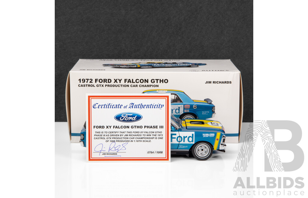 AUTOart 1972 Ford XY Falcon GTHO Phase III Production Car Championship Winner Richards #105 1:18 Scale Model Car - Signed COA