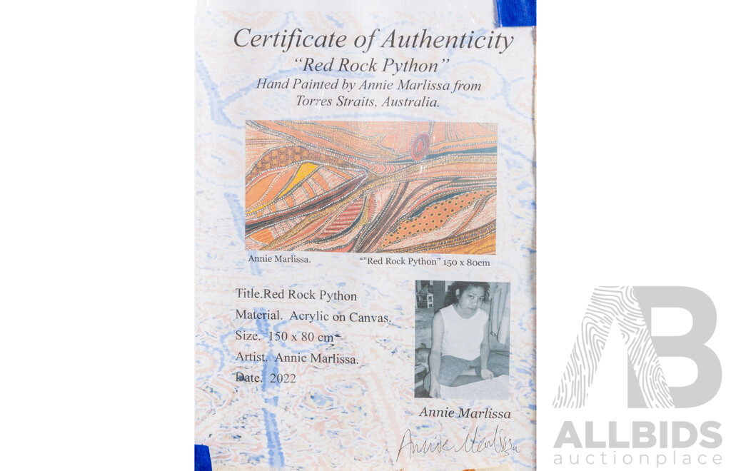 Annie Marlissa, (20th Century, Indigenous Australian), Red Rock Python (2022), Wonderful Original Acrylic on Canvas Cloth, 80H x 150W cm