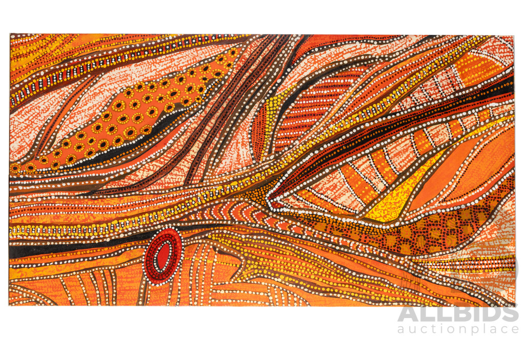 Annie Marlissa, (20th Century, Indigenous Australian), Red Rock Python (2022), Wonderful Original Acrylic on Canvas Cloth, 80H x 150W cm