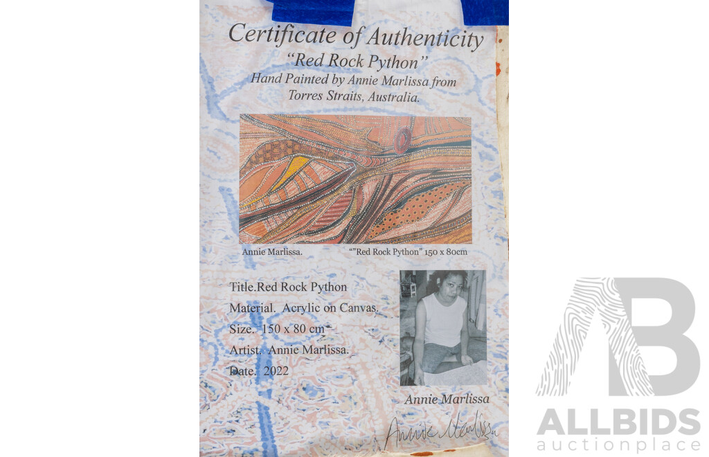Annie Marlissa, (20th Century, Indigenous Australian), Red Rock Python (2022), Wonderful Original Acrylic on Canvas Cloth, 80H x 150W cm