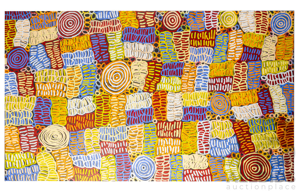 Betty Club Mbitjana (20th Century, Indigenous-Australian, 1954-2023), Awelye & Bush Melon (2021), Original Acrylic on Canvas, 118H x 200W cm