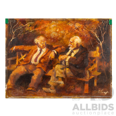 Zoltan Fenyes, (20th Century, Hungarian-Born Australian, 1924-1997), Conversation, Wonderful Original Vintage Oil on Masonite, 30.5H x 40.5W cm