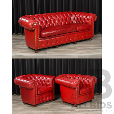 Vintage Red Leather Three Piece Chesterfield Style Lounge Suite