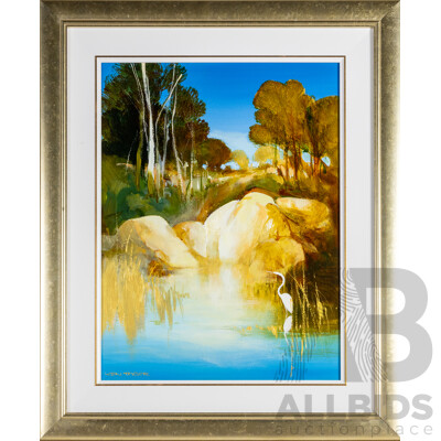 Ken Taber, (20th Century, Australian, 1942-), Blue and Gold, Wonderful Original Acrylic on Board, 81H x 66W cm (frame)