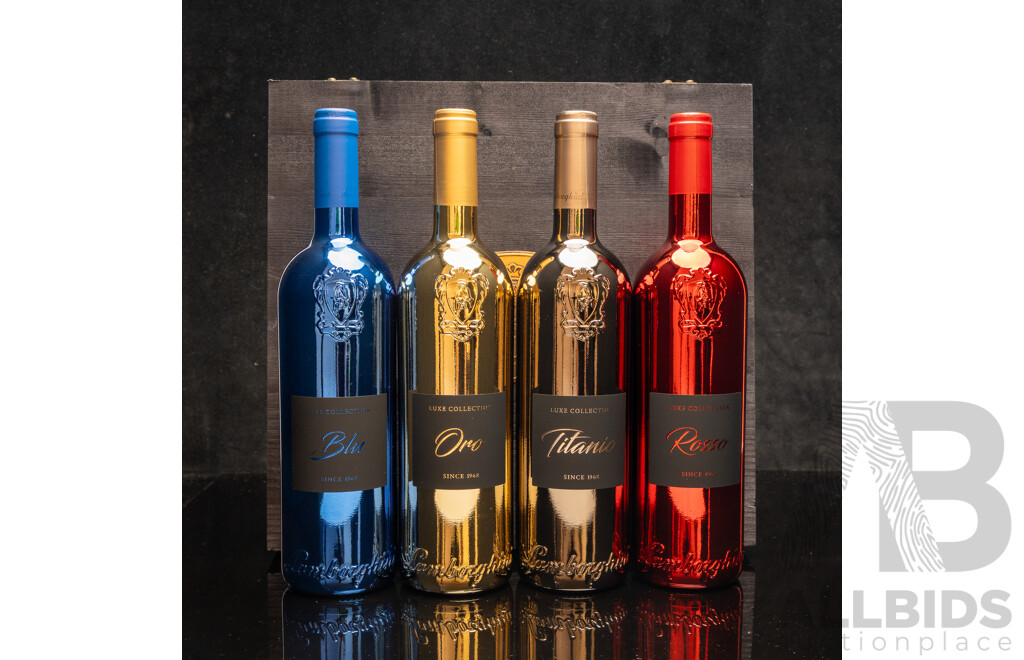 Lamborghini LUXE Collection Variety Pack Inc Titanio, Rosso, Oro and Blu - Four 750ml Bottles in Wooden Box - RRP $651