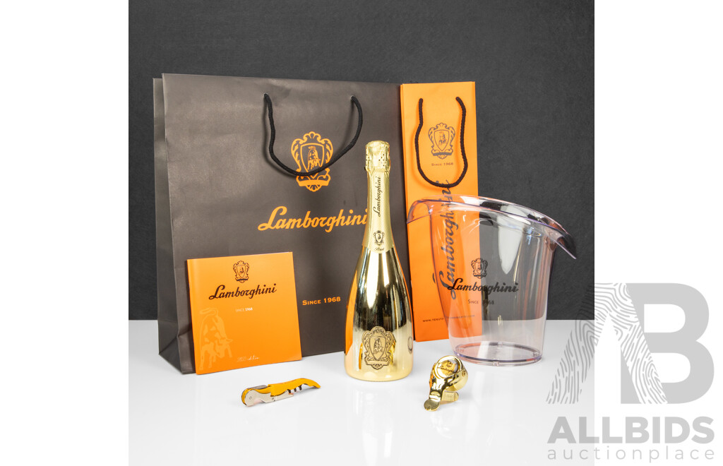 Lamborghini Wines Gift Pack Inc Lucite Branded Bucket, Gold Brut Pinot Noir Chardonnay, Champagne Stopper, Bottle Opener, Catalogue Book and Gift Bags