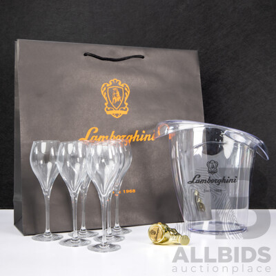 Lamborghini Wines Gift Pack Inc Lucite Branded Bucket, Six Flutes, Champagne Stopper and Gift Bag