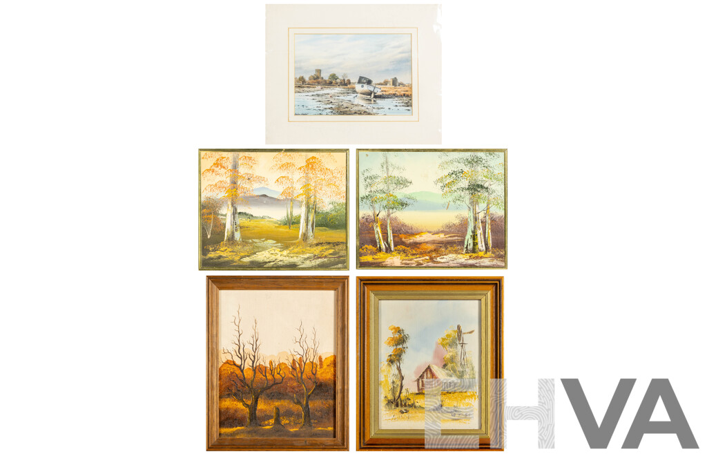 Nice Collection of Four Miniature Vintage Landscapes Oil on Canvas Boards and a Sea Scene Watercolour Print, 33H x 28W cm (largest frame) (5)
