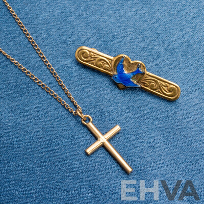 9ct Yellow Gold Cross Pendant, Gold Plated Chain and Rolled Gold Brooch
