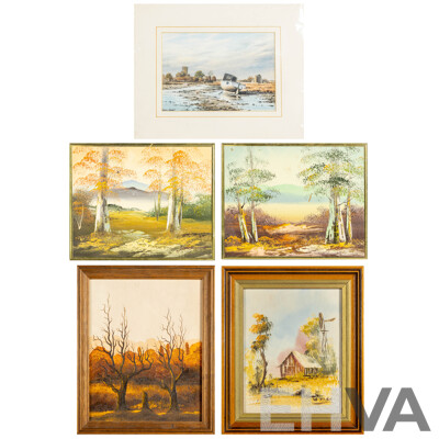 Nice Collection of Four Miniature Vintage Landscapes Oil on Canvas Boards and a Sea Scene Watercolour Print, 33H x 28W cm (largest frame) (5)