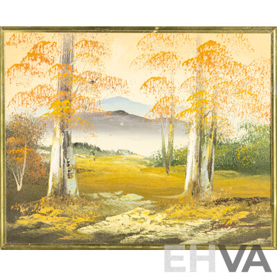 Nice Collection of Four Miniature Vintage Landscapes Oil on Canvas Boards and a Sea Scene Watercolour Print, 33H x 28W cm (largest frame) (5)