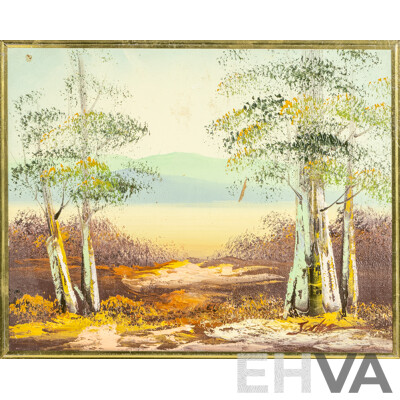 Nice Collection of Four Miniature Vintage Landscapes Oil on Canvas Boards and a Sea Scene Watercolour Print, 33H x 28W cm (largest frame) (5)